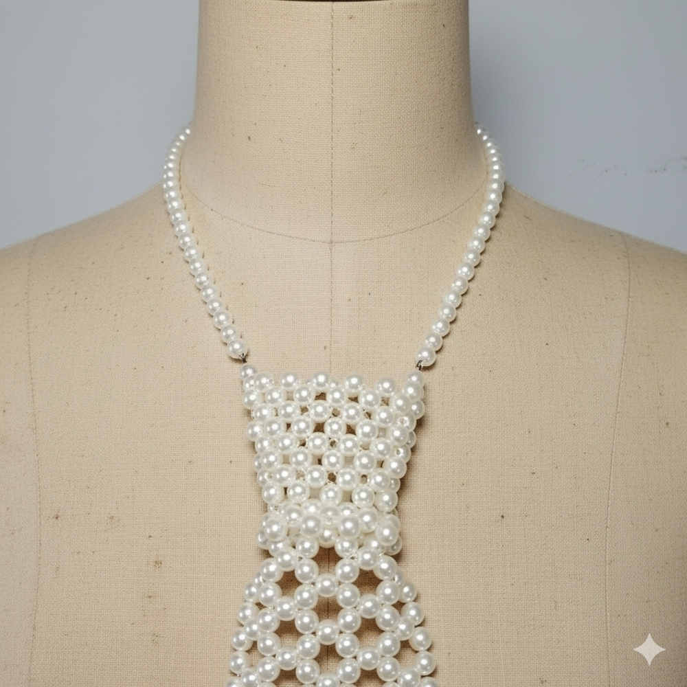 🛑SOLD🛑 Vintage 14-17" Pearl Tie Necktie Necklace Hong Kong Faux Handmade - Picture 5 of 12